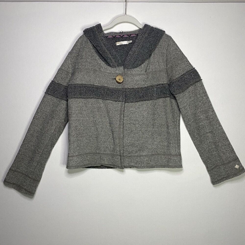 Prana Breathe Button Front‎ Fleece LARGE Gray Hooded Sweater Pockets Cottagecore